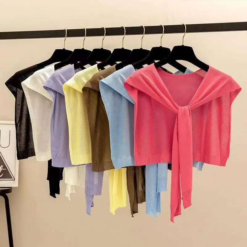 

Ice Silk Thin Summer Air Conditioned Room Korean Style Versatile Knitted Shawl Women's Shirt Outer Fashion Small Cannon Shoul...