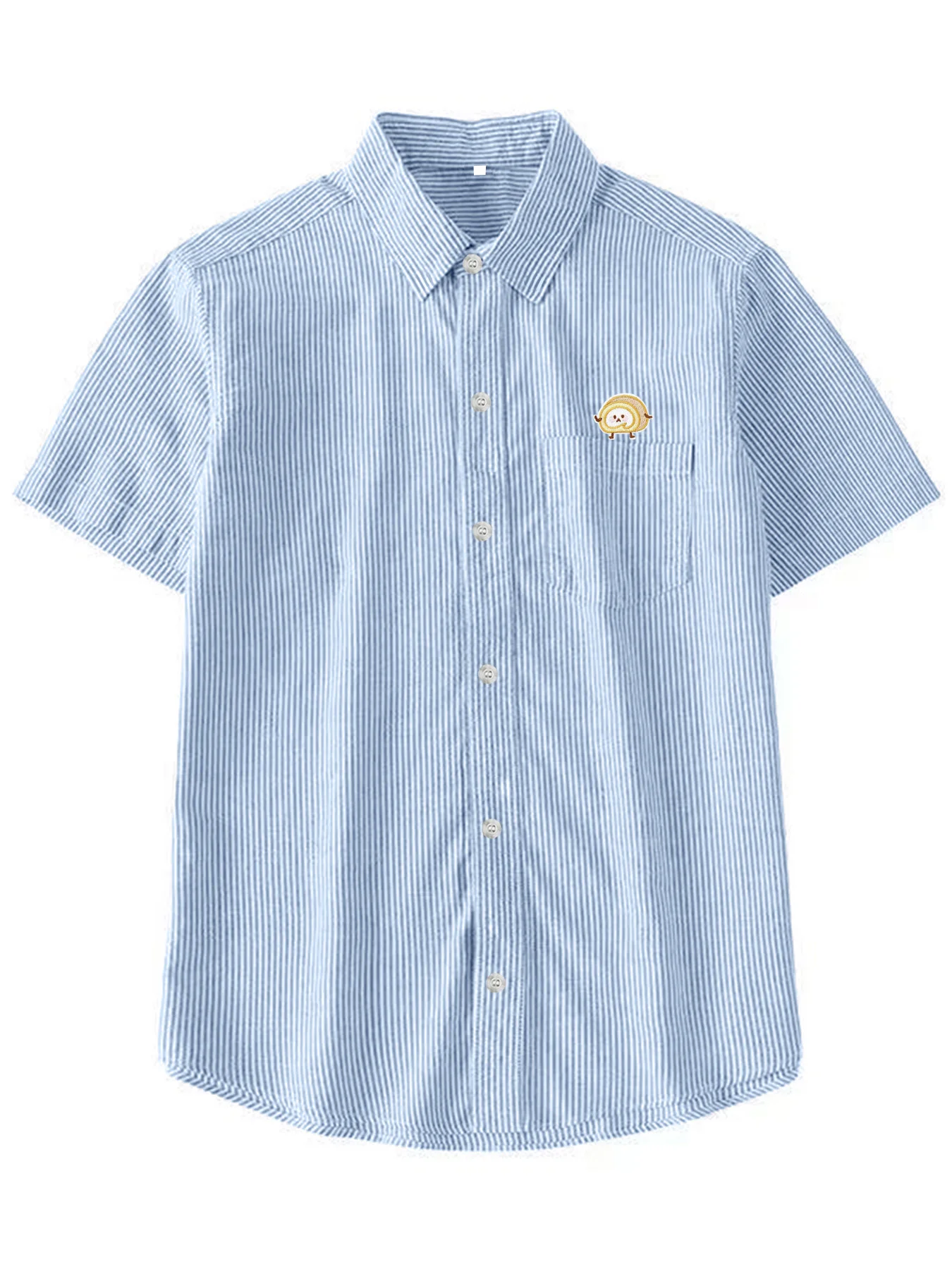 

Trendy men's summer new Q-version cartoon cake roll patterned fine striped short-sleeve shirt, casual versatile simple shirt