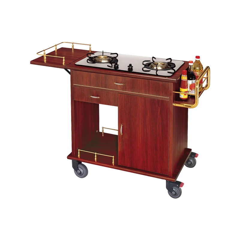 

Customized Collapsible Red Mahogany Titanium Fittings Cooking Cart Single/Double Head Stove Food Serving Flambe Trolley