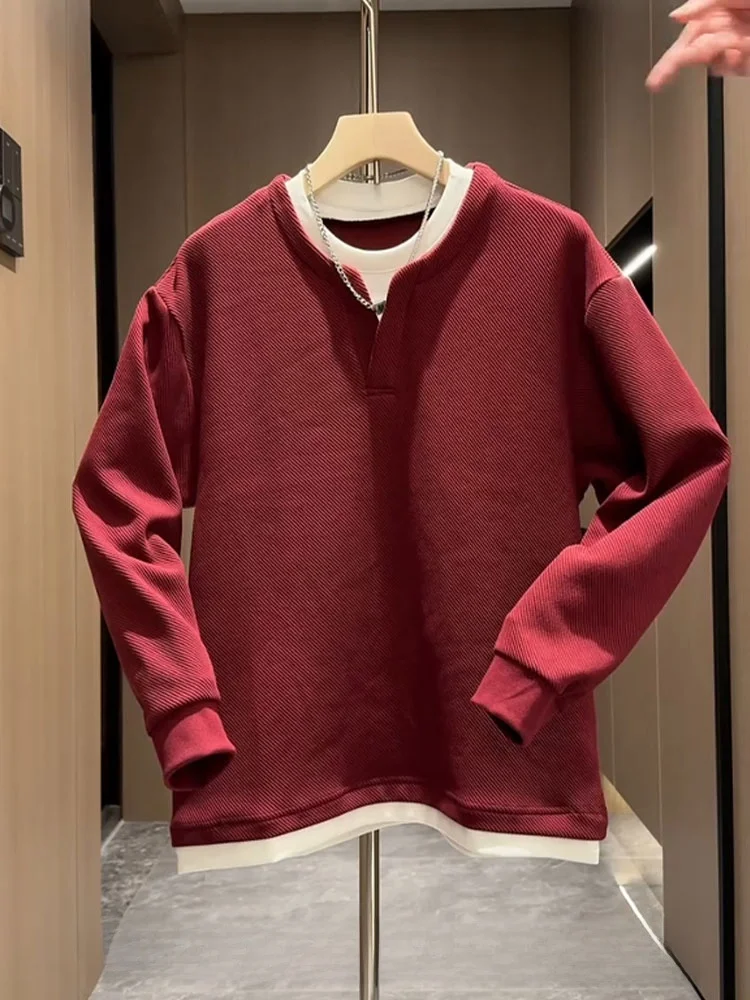 

Spring Autumn Men's Hoodie Casual round Neck Base Layer Shirt Pure Color Loose Fit Fashion Design Two-Piece Look Heattech