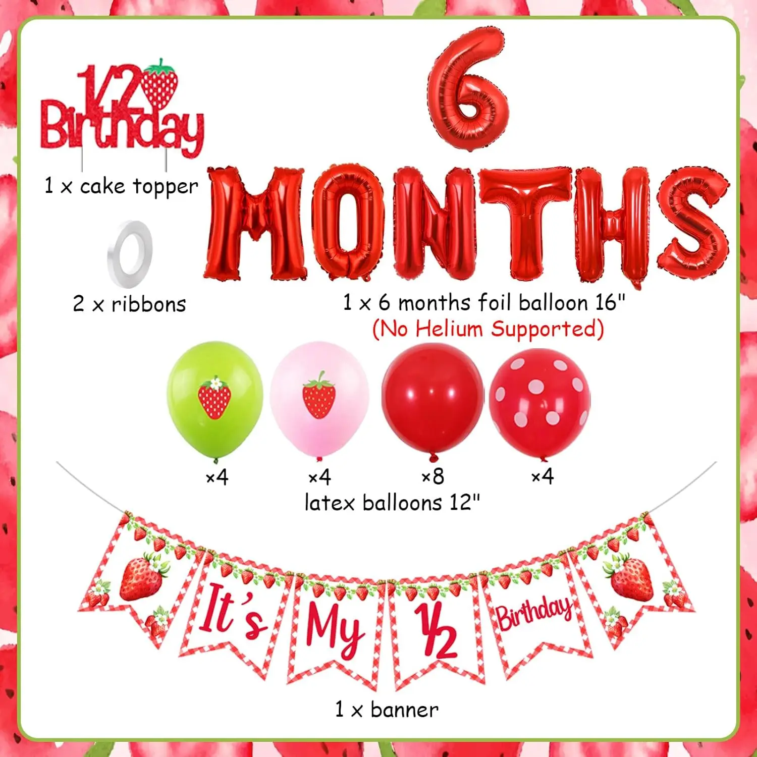 Strawberry Half Birthday Decor It’s My 1/2 Birthday Banner 6 Months Balloons Cake Topper for Girls 1/2 Birthday Party Supplies