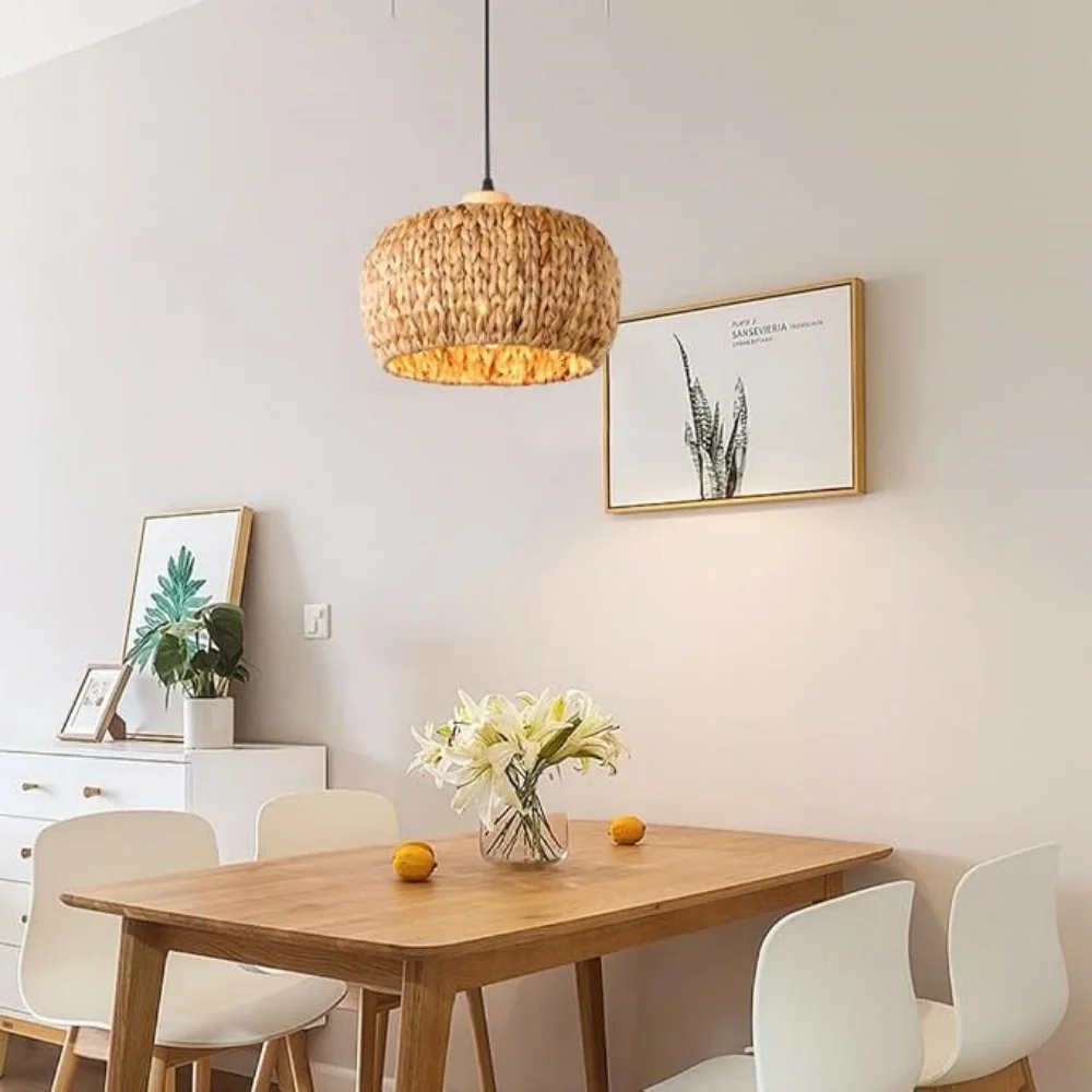 Boho Pendant Light Vintage Pendant Light Rattan Lampshade Hanging Lamp Rustic Ceiling Chandelier for Bedroom Living Room