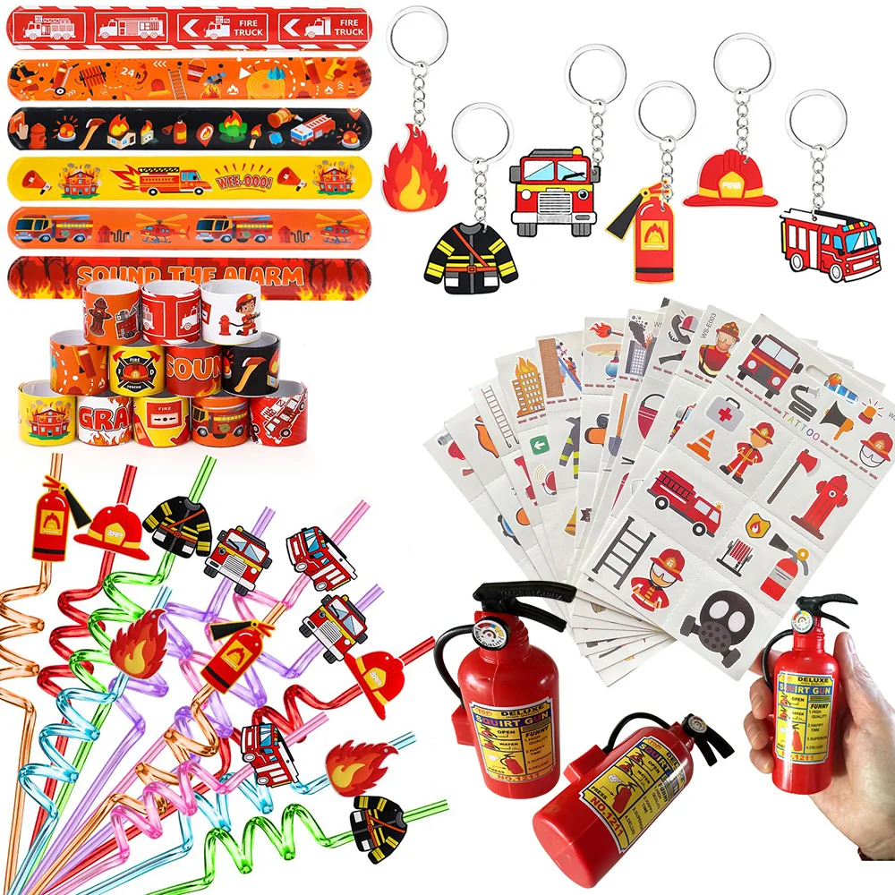 Firefighter Party Favors Fire Truck Birthday Supplies Straw Bubble Slap Bracelet Keychain Sticker Toy Fireman Party Gift Prize