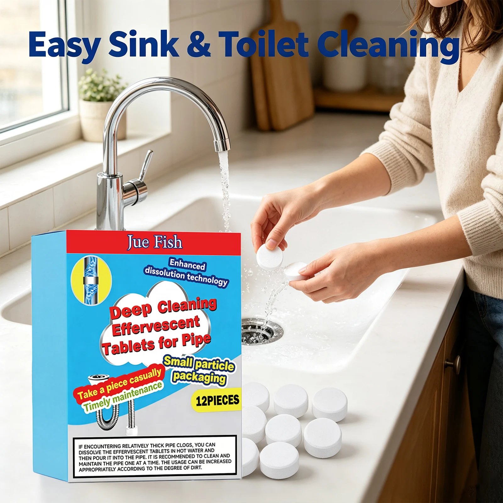 Jue Fish Pipe Cleaning Effervescent Tablets Dissolve Grease & Dirt Remove Blockages Eliminate Odors Sink Drain Cleaner Tablets view 3