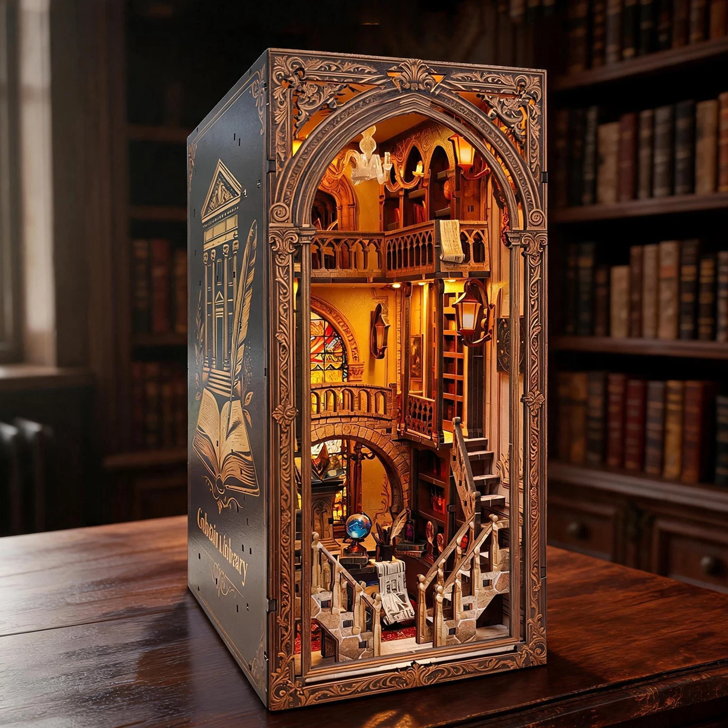 DIY Wooden Time Library Book Nook Shelf Insert Kits Miniature Model Kit Magic Bookend for Friends Birthday Gifts
