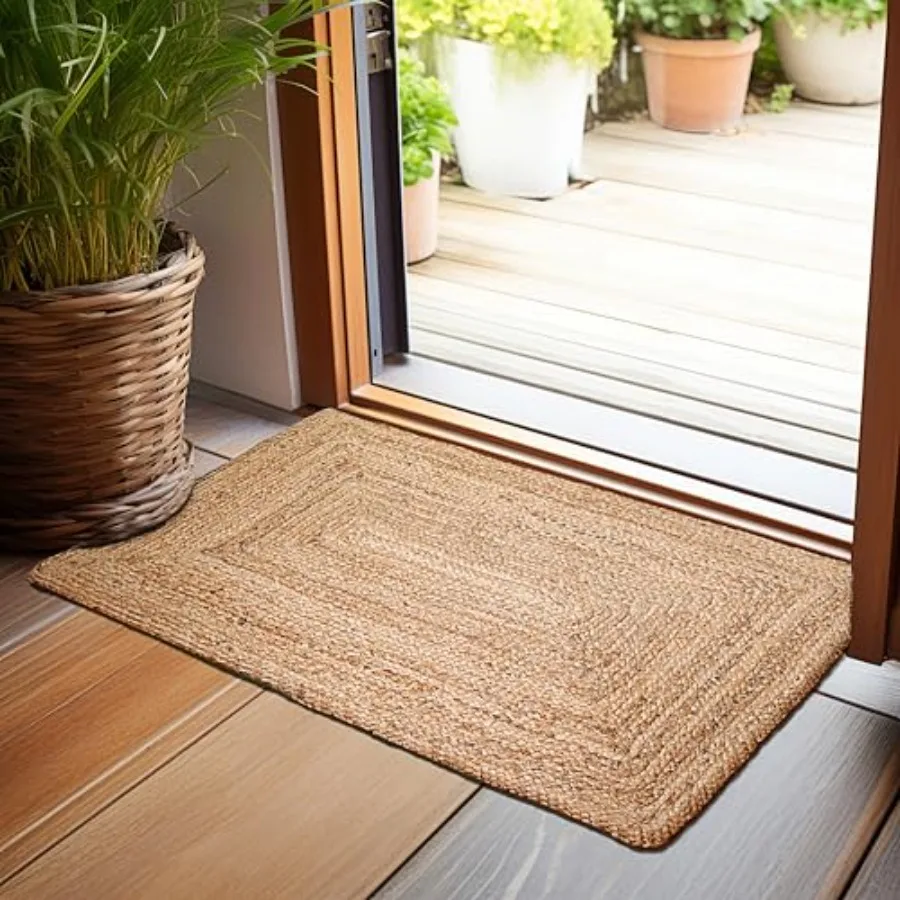 Hand Woven Jute Braided Rug, 2'x3' Natural, Reversible Boho Entry Area Rugs for Kitchen, Living Room I Farmhouse Indoor Outdoor