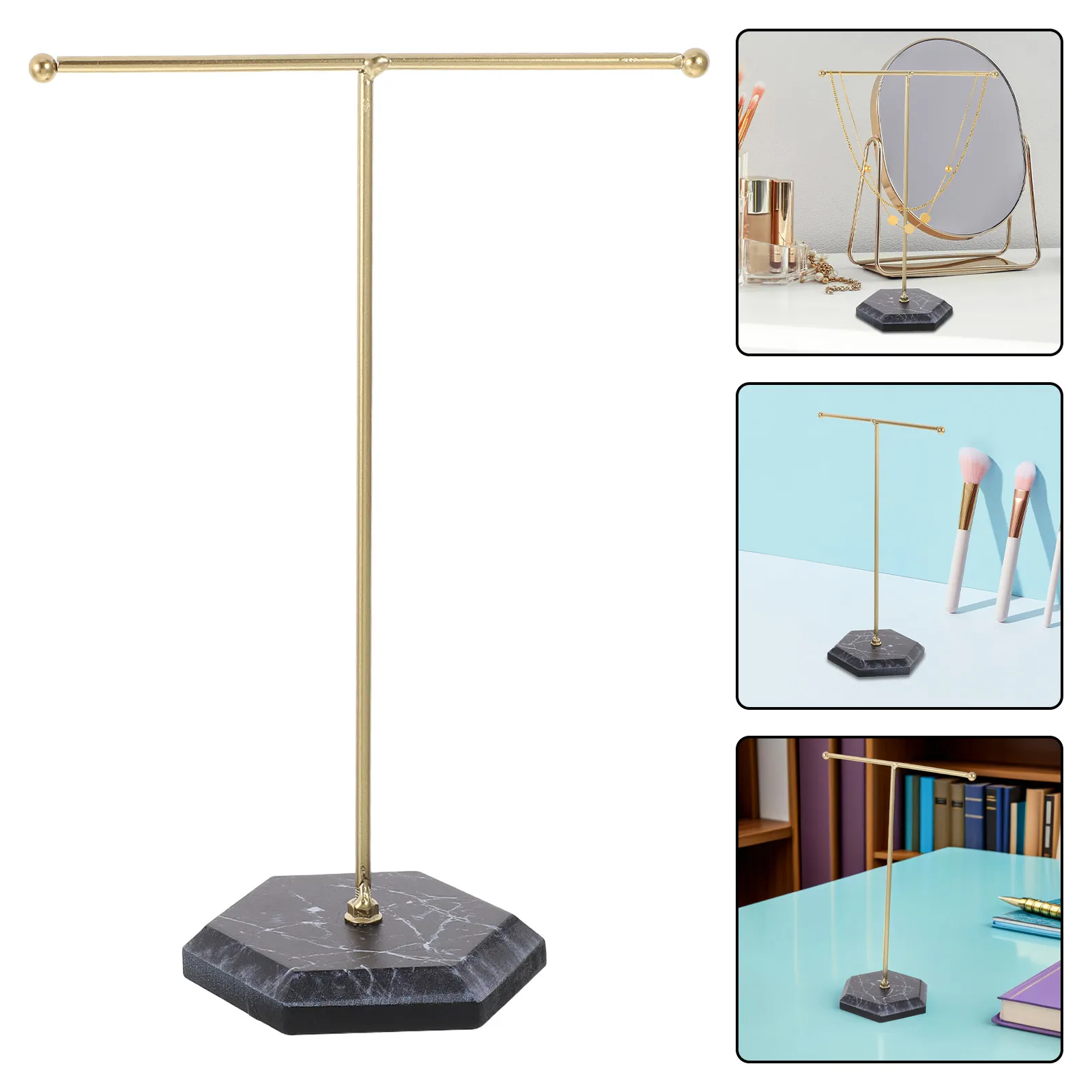 

2Pcs T-Shaped Tabletop Jewelry Stand Holder for Necklaces Bracelets Bangles - Marble Base Iron Display Organizer for Vanity
