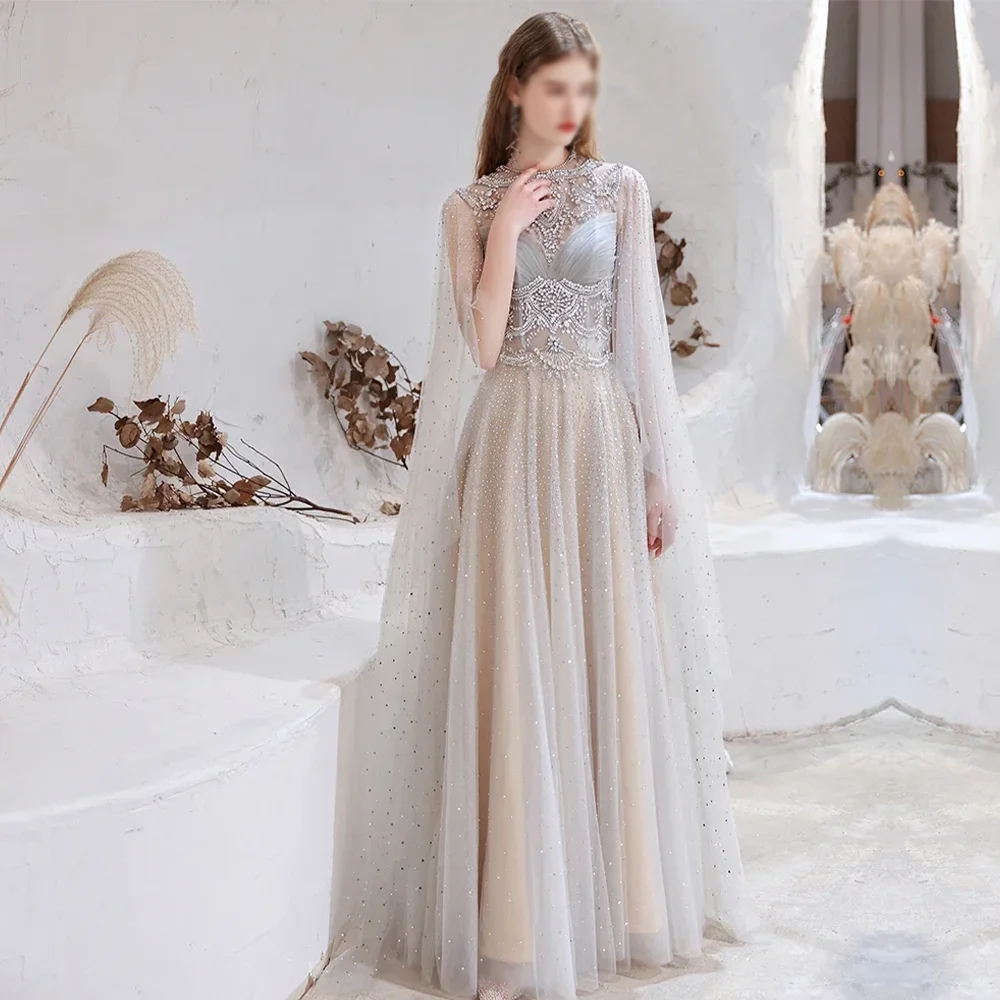 

O-Neck Luxury Evening Dresses Formal Party Prom Gowns Long Sleeves Cape Dubai Beading Sequins Evening Prom Dresses Customized