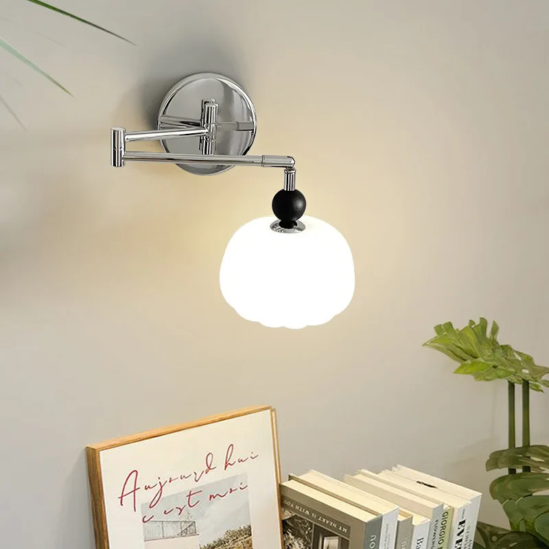 Medieval Rotatable Long Arm Rocker Wall Lamp LED Bedroom Bedside Living Room Study Homestay Hotel French Cream Style Wall Lights