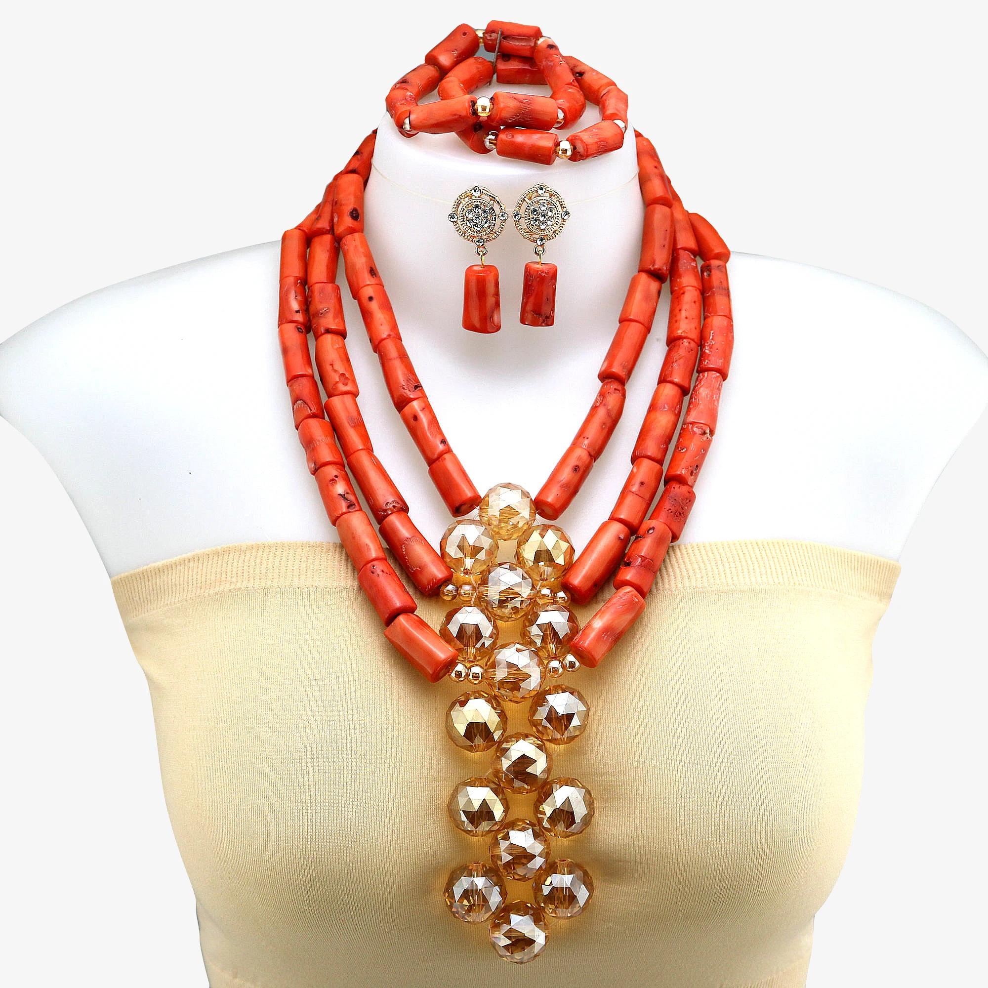 

3 Rayers Nigerian Natural Coral Beads Bridal Jewelry Sets African Real Coral Jewelry sets Necklace Bracelet Earrings Jewelry