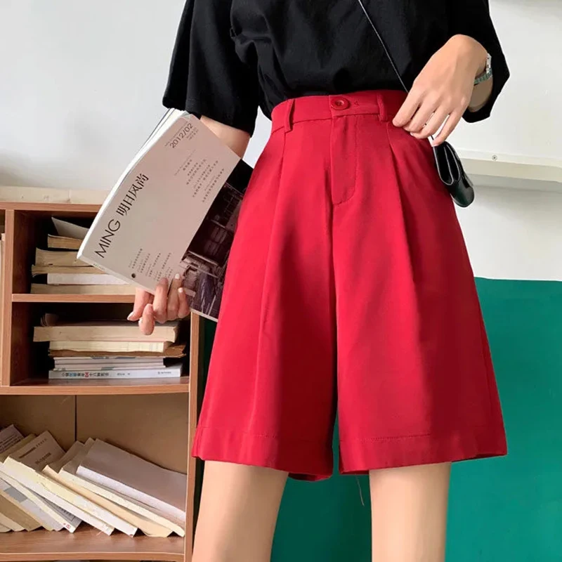 Casual High Waist Wide Leg Suit Shorts Women Korean Fashion Loose Solid Shorts Summer Office Ladies Black Thin Shorts