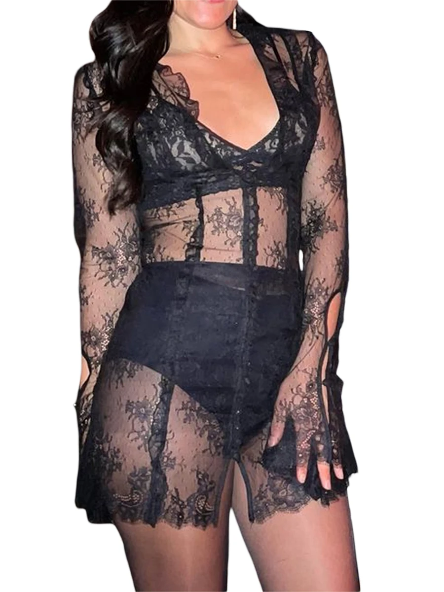 Abito in pizzo nero abiti estivi 2023 abito trasparente con scollo a V abito floreale in pizzo trasparente costumi da bagno See Through Cover Ups