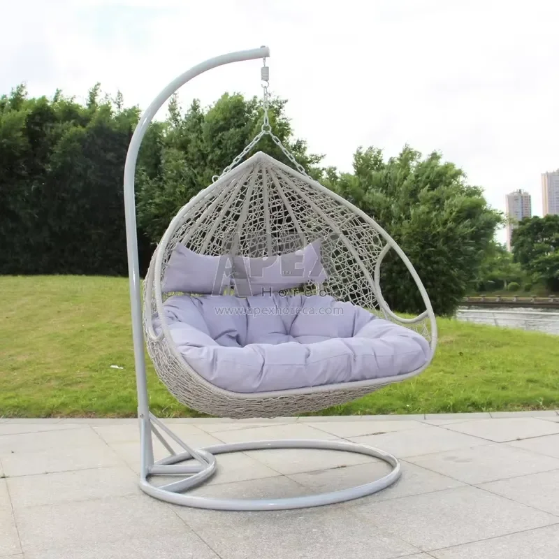 Double Seat Rattan Baby Swing Chair Outdoor Terrace Hanging Egg Pendulum Chair with Stand Affordable Garden Furniture for view 3