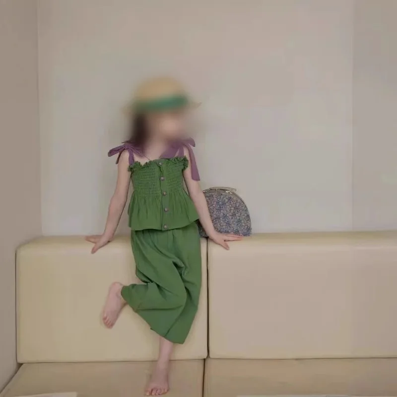 

TOY-Girls' Stylish Fashion Set2025Summer New Forest Style Children's Baby Strap Vest and Wide-leg Pants Two-piece Set