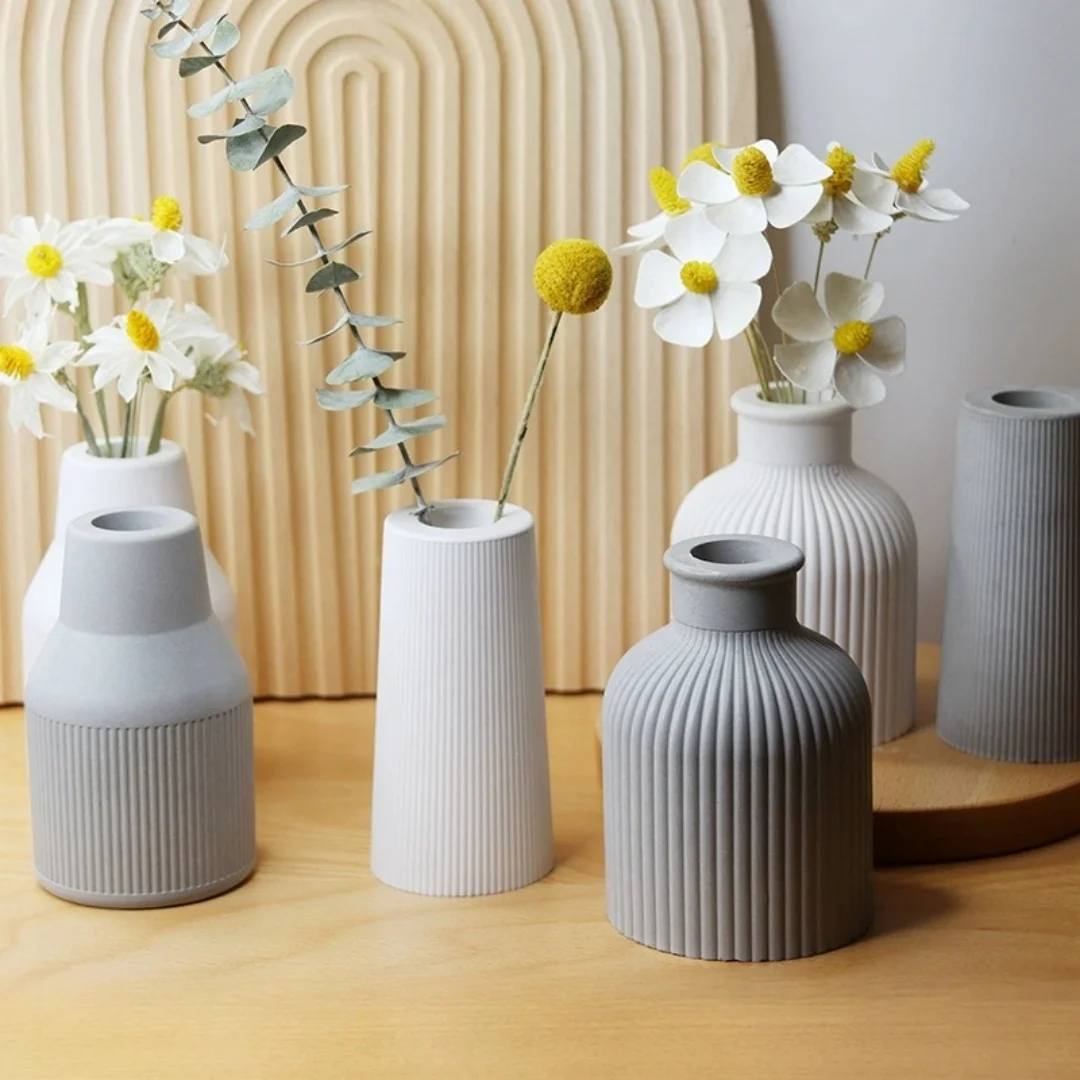 Mini Flower Vase Silicone Mold Stripe Design Concrete Cement Desktop Decoration Epoxy Resin Mould