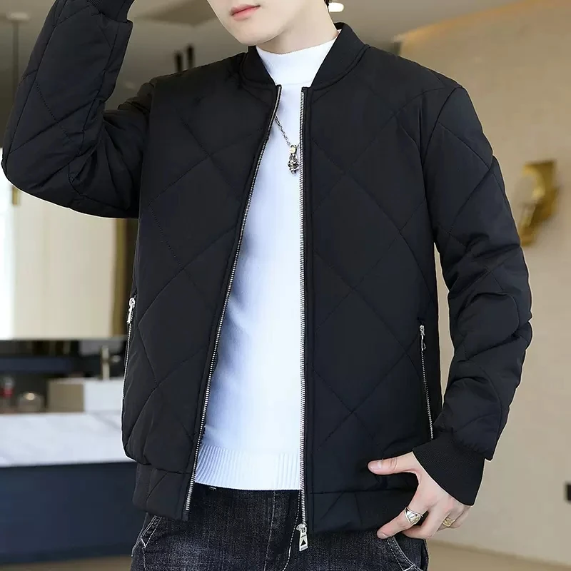 

Winter Cotton Coat Baseball Collar Solid Color Zipper Padded Jackets For Men Clothing Thicken Warm Casual Parkas Outerwear