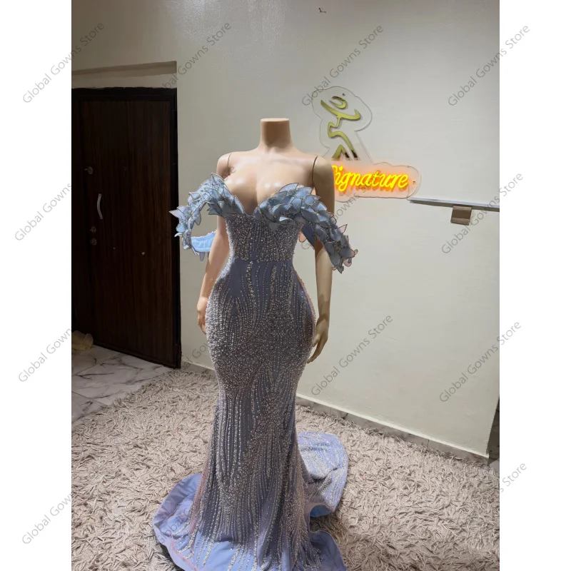 Sparkly 2027 Beaded Blue Prom Dresses Off Shoulder Birthday Party Dresses Wedding Evening Gown Vestidos De Noche Customized