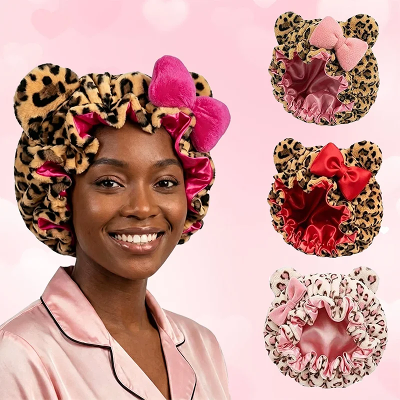 Leopard Print Teddy Plush Hair Bonnet Soft Fluffy Night Sleep Cap Adjustable Bear Ear Hair Wrap With Big Bow For Women Accessory