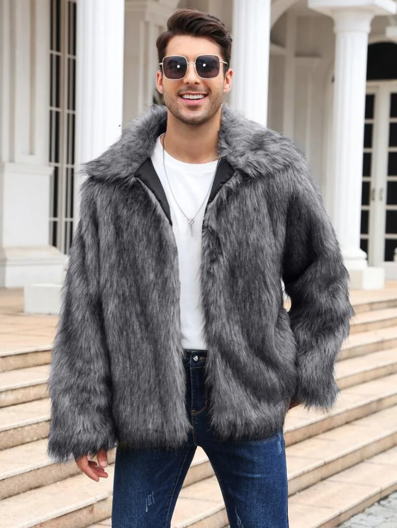 

2025 Мужская куртка из искусственного лисьего меха, зимнее толстое пушистое пальто с длинными рукавами и лацканами, теплая лохматая верхняя одежда, роскошные мужские меховые куртки