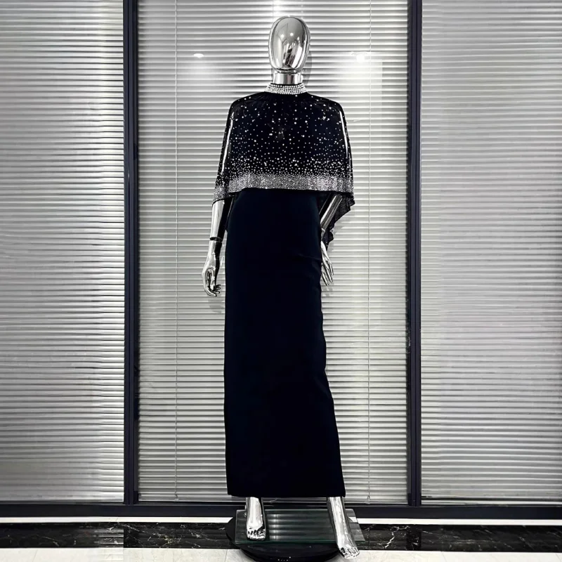 Recién llegado, vestido negro sin tirantes con capa transparente de diamantes de imitación de estilo francés, vestido de noche de fiesta elegante a la moda