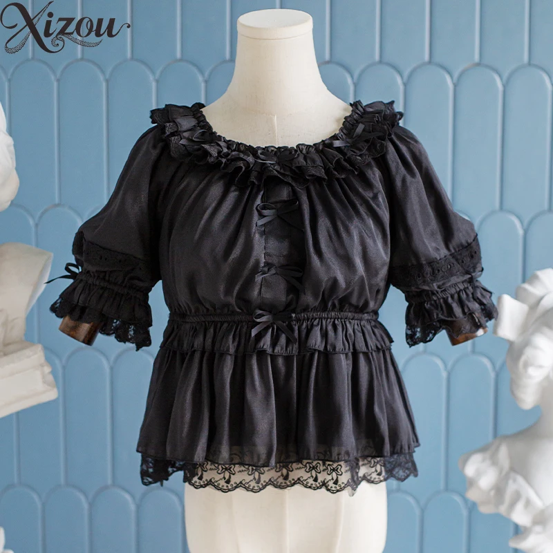 

Летний женский топ с коротким рукавом, модная однотонная рубашка в стиле Лолиты, кружевная рубашка оригинального дизайна, женские топы и блузки с круглым вырезом