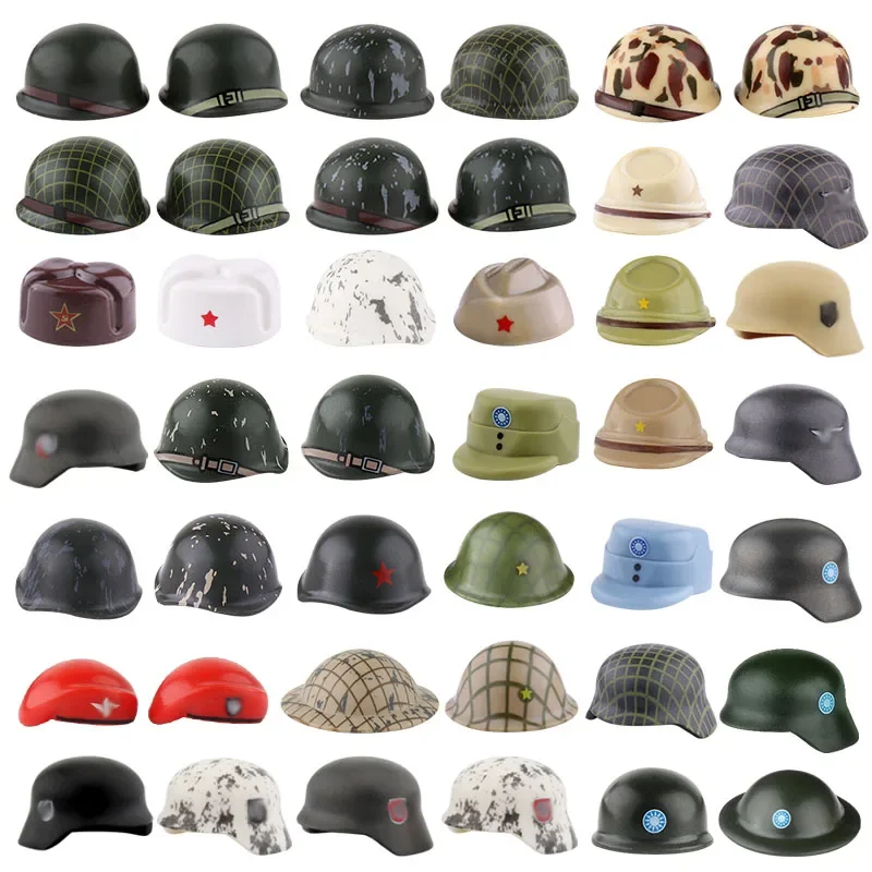 Sombreros estampados militares de la Segunda Guerra Mundial, bloques de construcción, cascos del ejército, Camuflaje, MOC, soldados, accesorios,