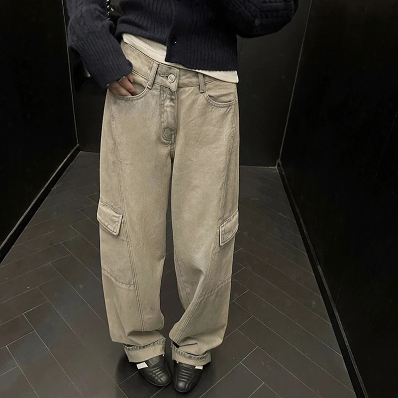 

Y2K Women Autumn New Retro High Waisted Versatile Pocket Straight Leg Workwear Jeans Wide Leg Casual Pants