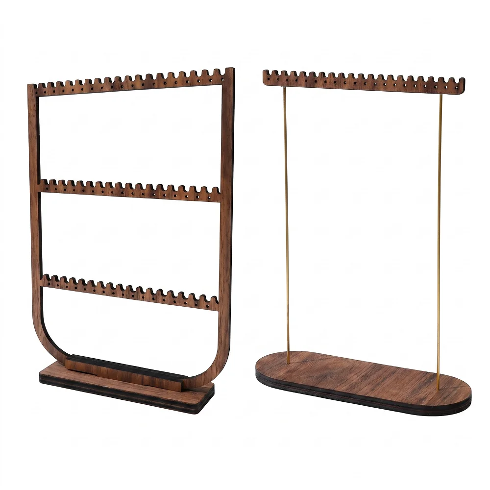 Wooden Earring Holder, 3-Tier Jewelry Display Stand, Walnut Wood Ear Stud Organizer, Detachable Necklace Rack for Retail & Home