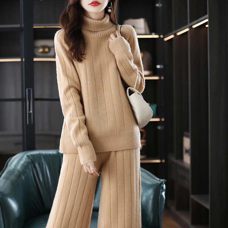 Cashmere Suit For Women In Autumn And Winter Turtle Neck Wide-Leg Pants Loose Fashion Two-Piece Wool Sweater Straight Size