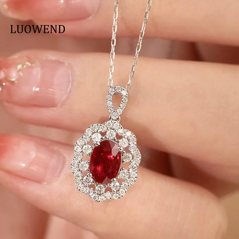 

LUOWEND 18K White Gold Pendant Necklace Real Ruby Pendant Shiny Shape Necklace for Women Wedding Party Diamond Jewelry