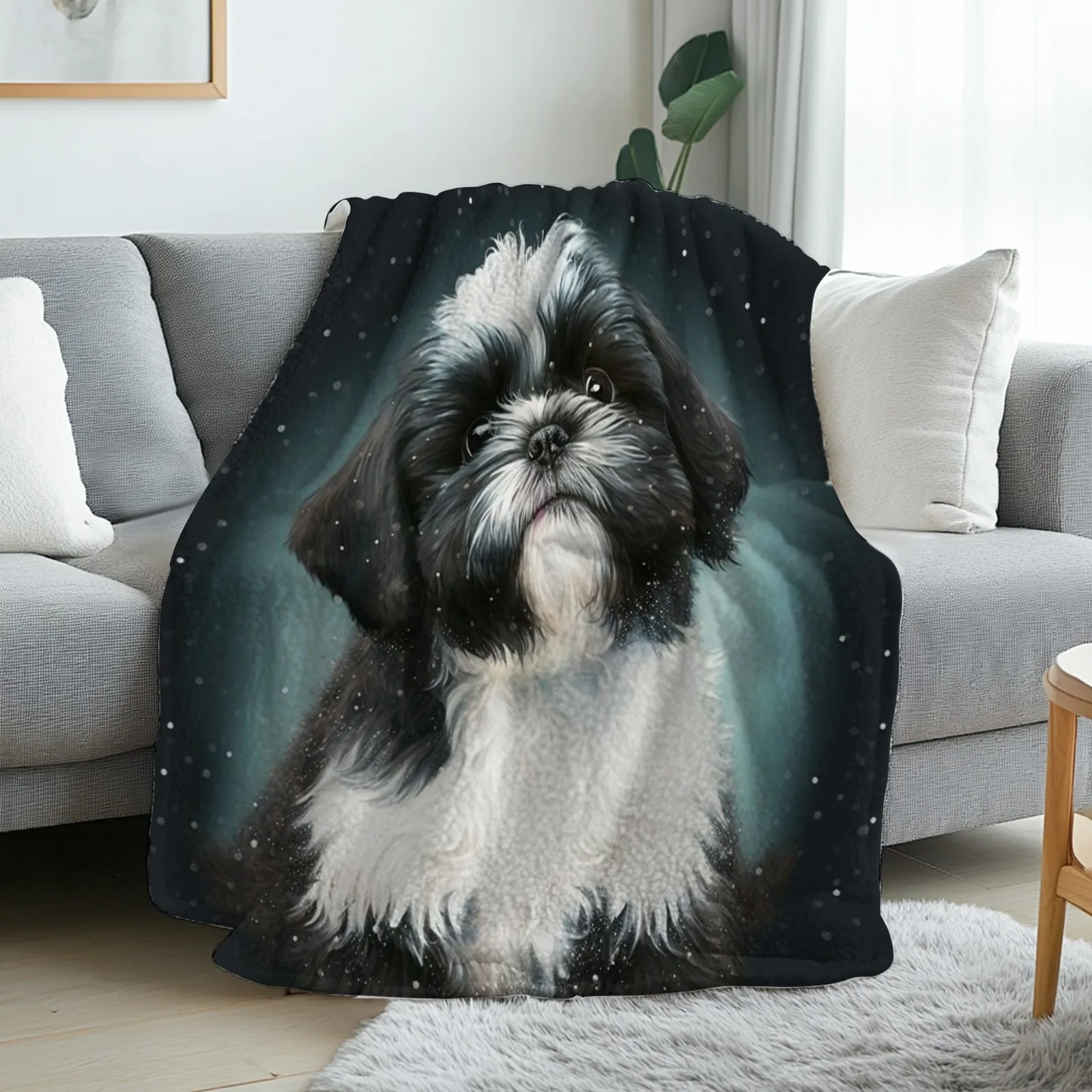 1pc Watercolor‑Shih‑Tzu‑Print Throw Blanket, Decor for Sofa, Bed & Living Room, All‑Season Halloween Christmas Autumn Home Gift