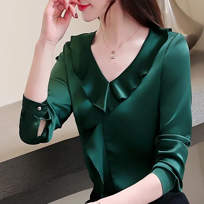 Top e camicette da donna 2024 elegante camicia con scollo a v arruffata camicetta in Chiffon a maniche lunghe abbigliamento allentato Blusas Mujer