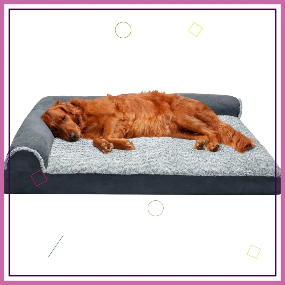 Ортопедическая L-образная кровать для собак из пены с эффектом памяти для больших домашних животных до 95 фунтов, моющийся чехол, каменный серый цвет