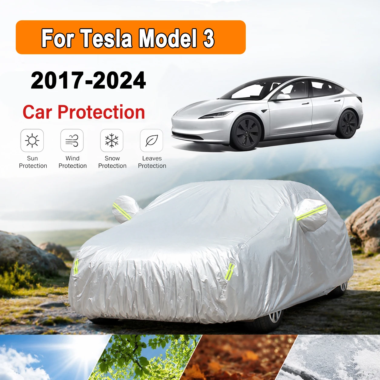 190T Taft Silberbeschichtete Outdoor-Vollabdeckung für Tesla Model 3 2017-2024 Auto-Sonnenschutz Staubdichter Fahrzeugschutz