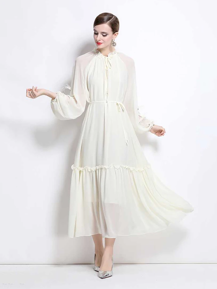 

New Embroidered Flares Flower Dresses Spring Women Puff Sleeve O Neck Loose Dress Autumn High Waist Big Swing Ankle Length Dress