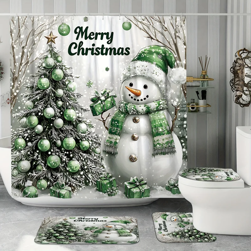 [Open] 1/4pcs Merry Christmas Winter Set Snowman Tree Ball Gift Cute Funny Green White Shower Curtain Polyester W