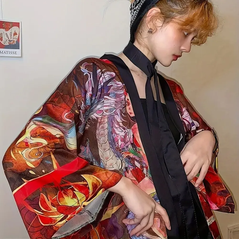 Kimono con estampado tradicional japonés Mori para mujer, cárdigan de playa, vacaciones, protección solar, artículo de moda de viaje de verano