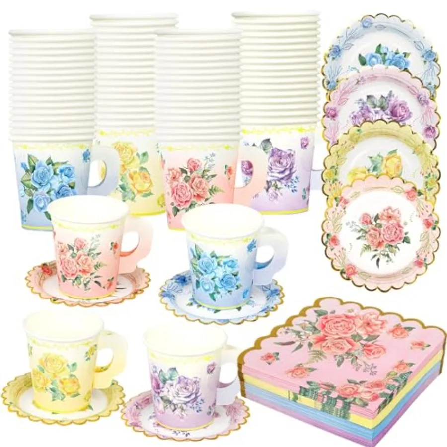 

40 Set Floral Tea Cups and Saucers Disposable Tea Party Supplies Colorful Flower Teacups with Handle and Paper Napkins Dinnerwa