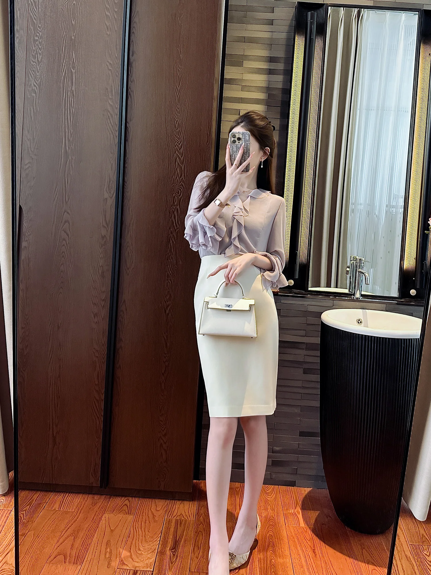 

Раннеосенний комплект Aosphere: юбка и блузка с длинным рукавом и V-образным вырезом, женский модный ансамбль, фиолетовый цвет