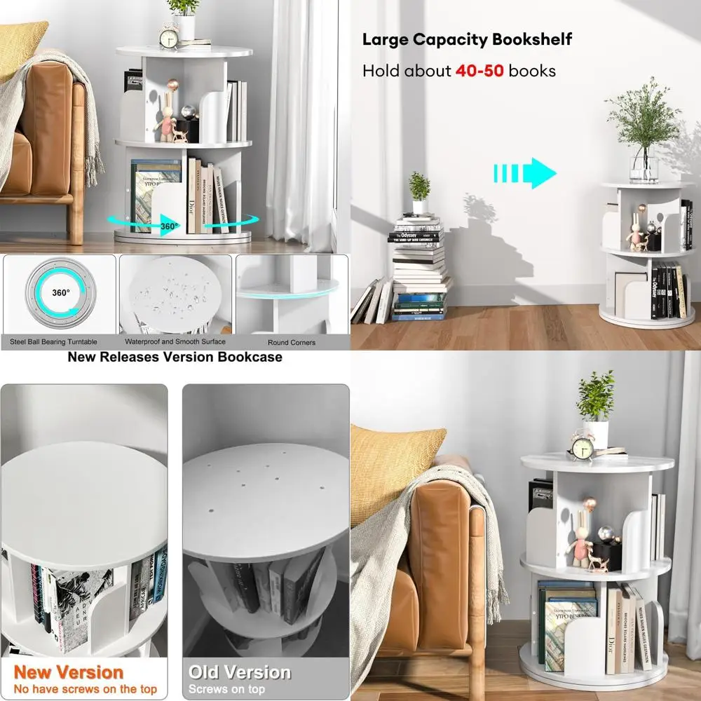 

360 ° Поворотный книжный шкаф, МДФ высокой плотности, двухуровневая белая угловая полка для домашнего использования
