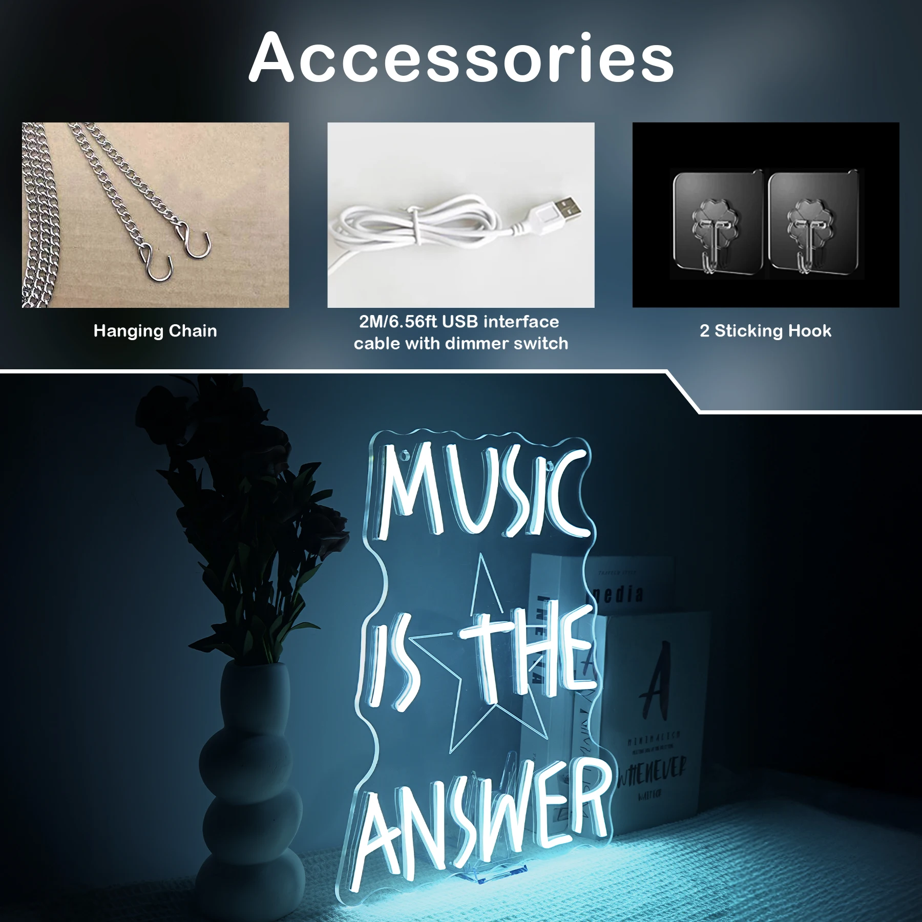 音楽は答え、ネオンサイン、壁飾り、調光可能なLEDワードライ - Home Bar Word のレビューと価格