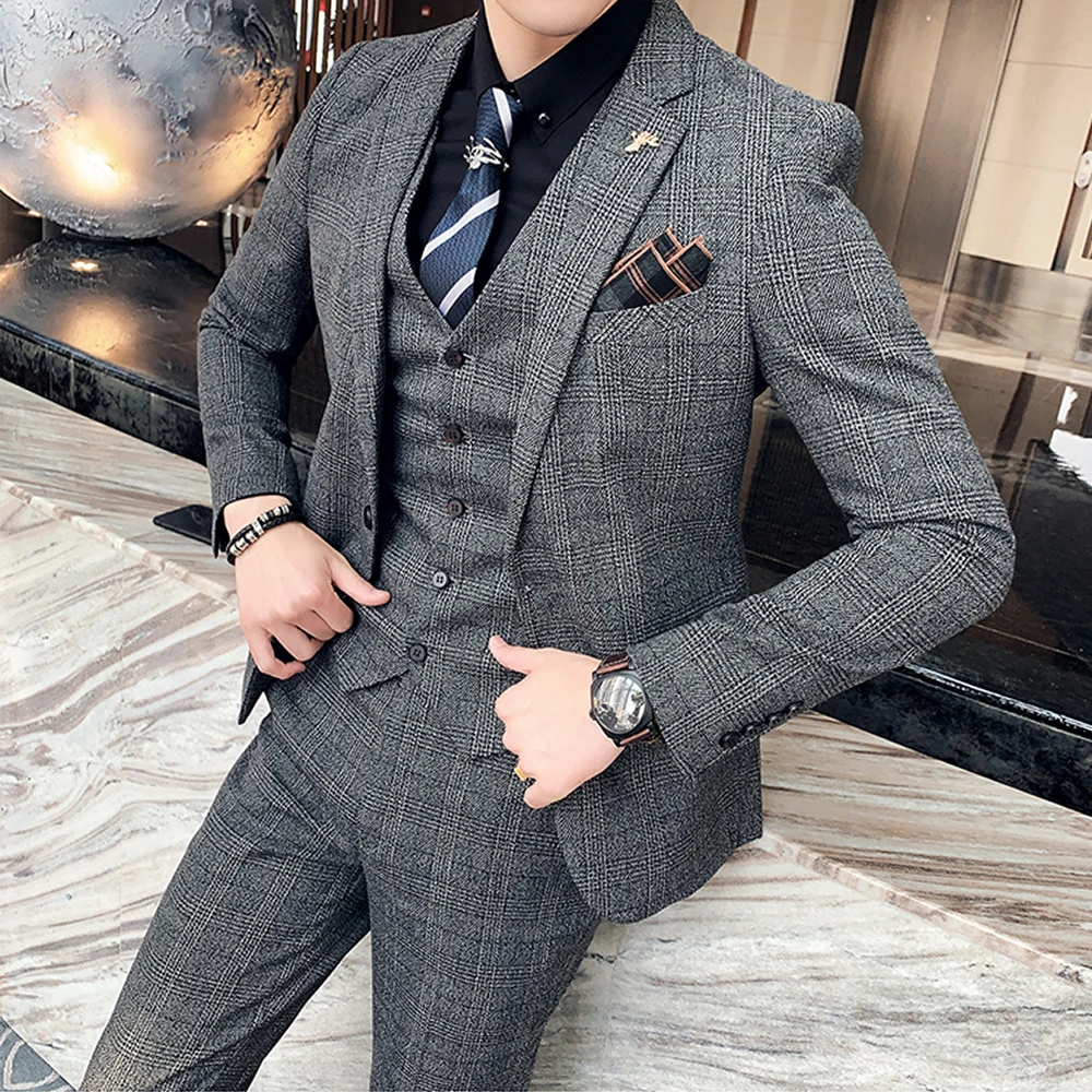 

Size 7XL ( Jacket + Vest + Pants ) Brand Boutique Lattice Retro Design Mens Casual Business Slim Suit Groom Wedding Dress Tuxedo