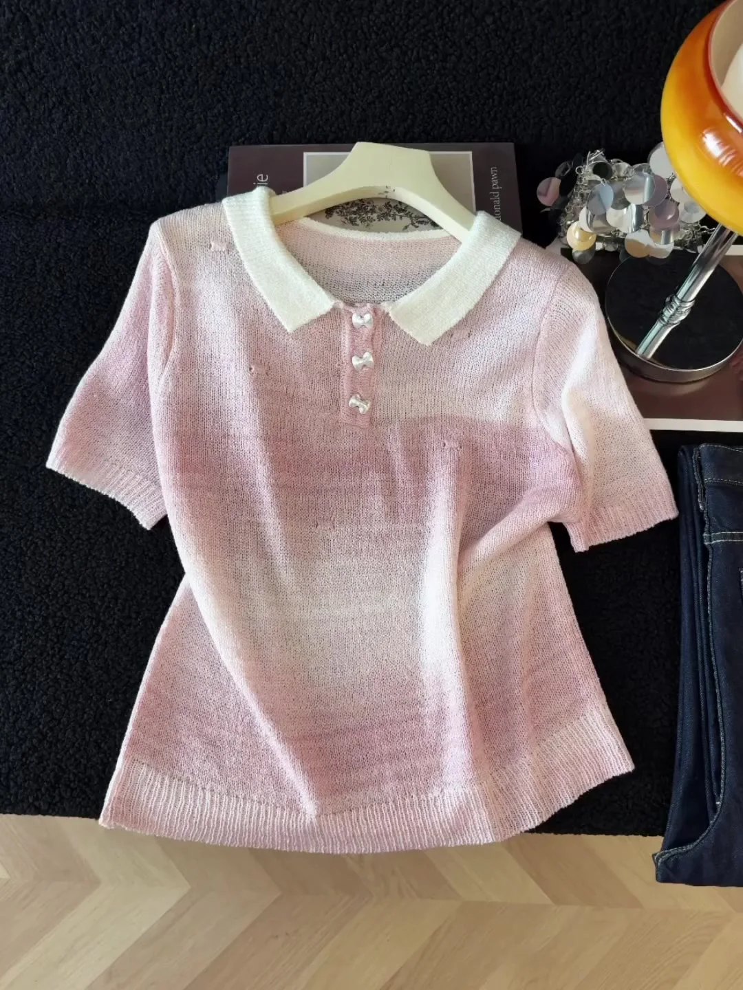 Women's Pink Gradient Knitwear Hollow Out Knit Short Sleeve T-shirt Top Y2K Gyaru Sweet Cropped T-shirt for Women Spring Summer