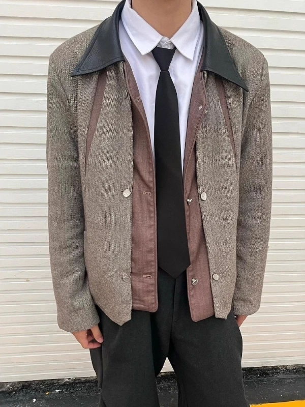 

New Chinese Sle Court Geometry Jaet Men's High-End Sensation Leather Collar Multi-Formali Old Money Sle Coat