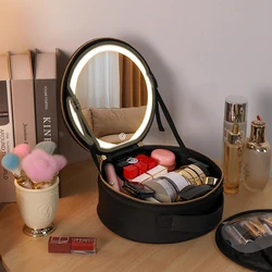 LED Illuminated Travel Makeup bag, USB Powered, Foldable Countertop Cosmetic Cases, PU Leather, with 3 Color Lighting Modes