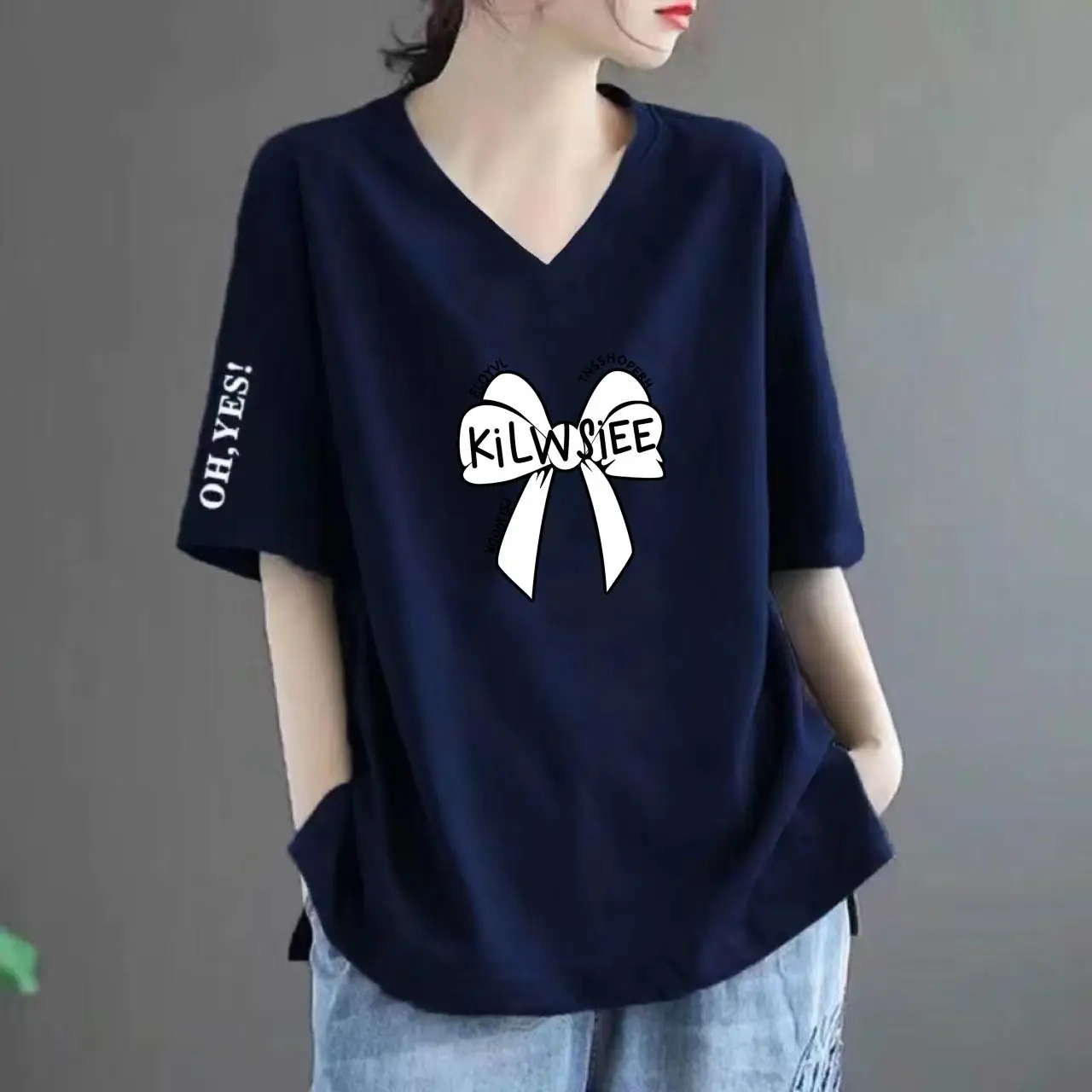 

Свободная женская футболка в стиле Mommy с коротким рукавом и V-образным вырезом, скрывающая живот, в корейском стиле, из полиэстера, с декоративной строчкой