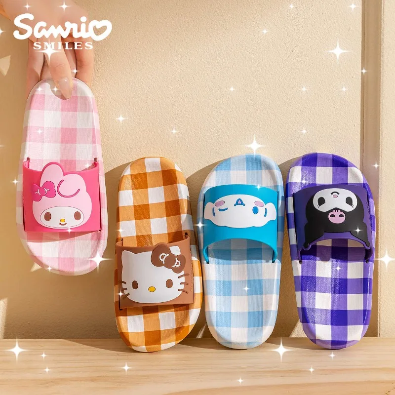 Anime Hello Kitty Cool Plaid Slippers Summer Sanrio Cinnamoroll My Melody Indoor Shoes Bathroom Non Slip Sweet Beach Slipper