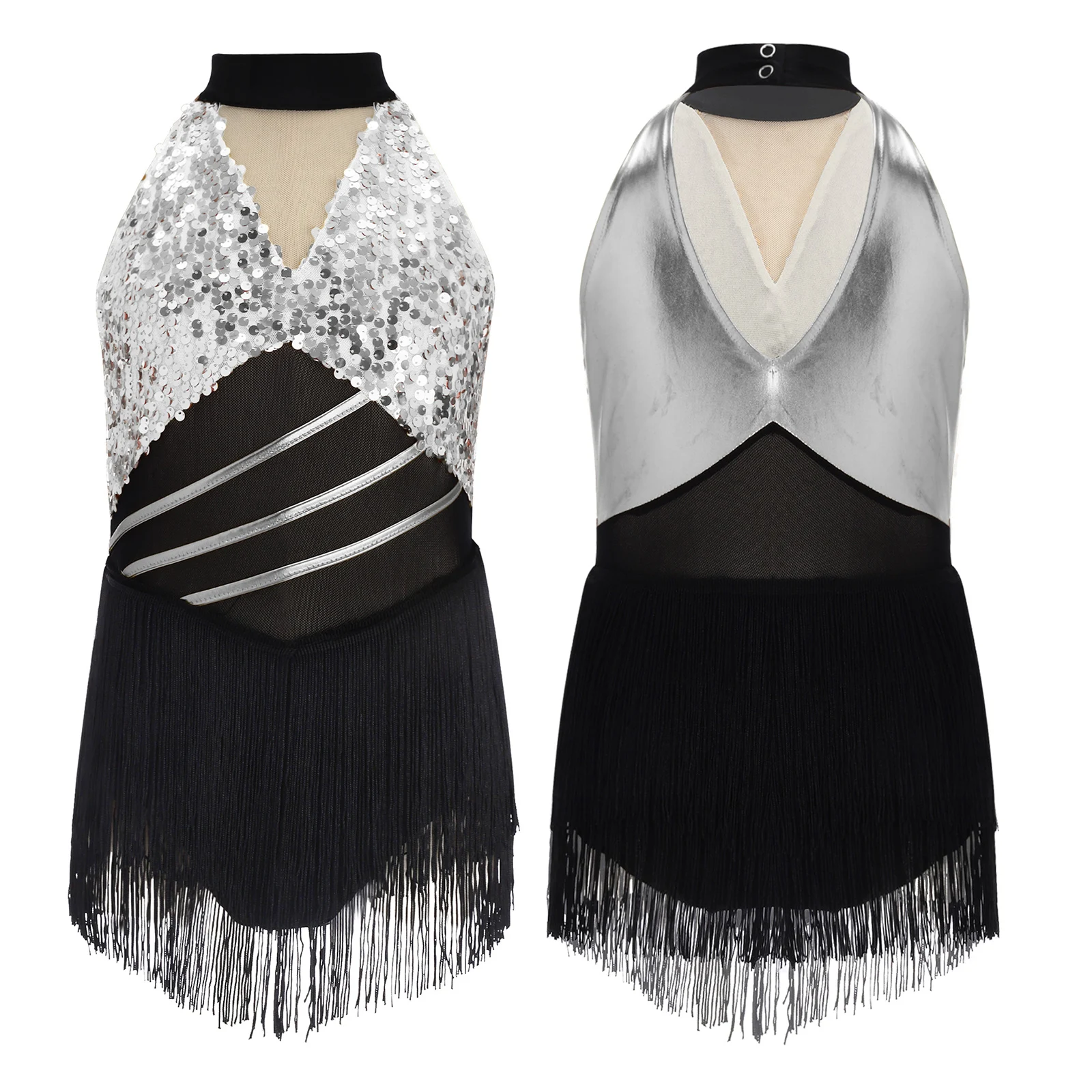 Traje de Baile Latino Cha-cha Salsa para Niñas, Leotardo con Lentejuelas y Flecos Brillantes, para Competencia de Samba y Baile de Salón