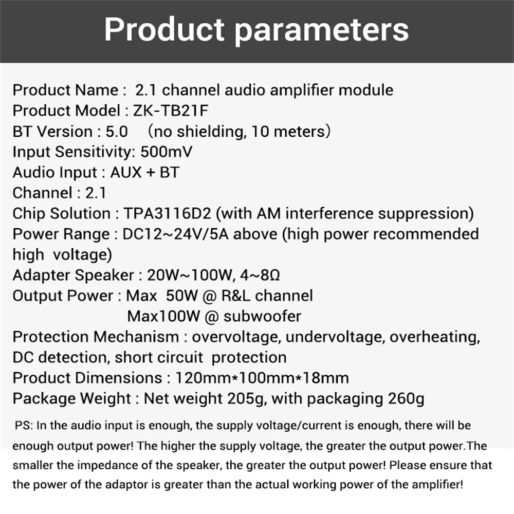 ZK-TB21F 2.1 Channel Bluetooth 5.1 Audio Bass Power Amplifier Papan TPA3116 Modul TWS Ke Kotak Potensiometer Eksternal 50WX2 + 100W