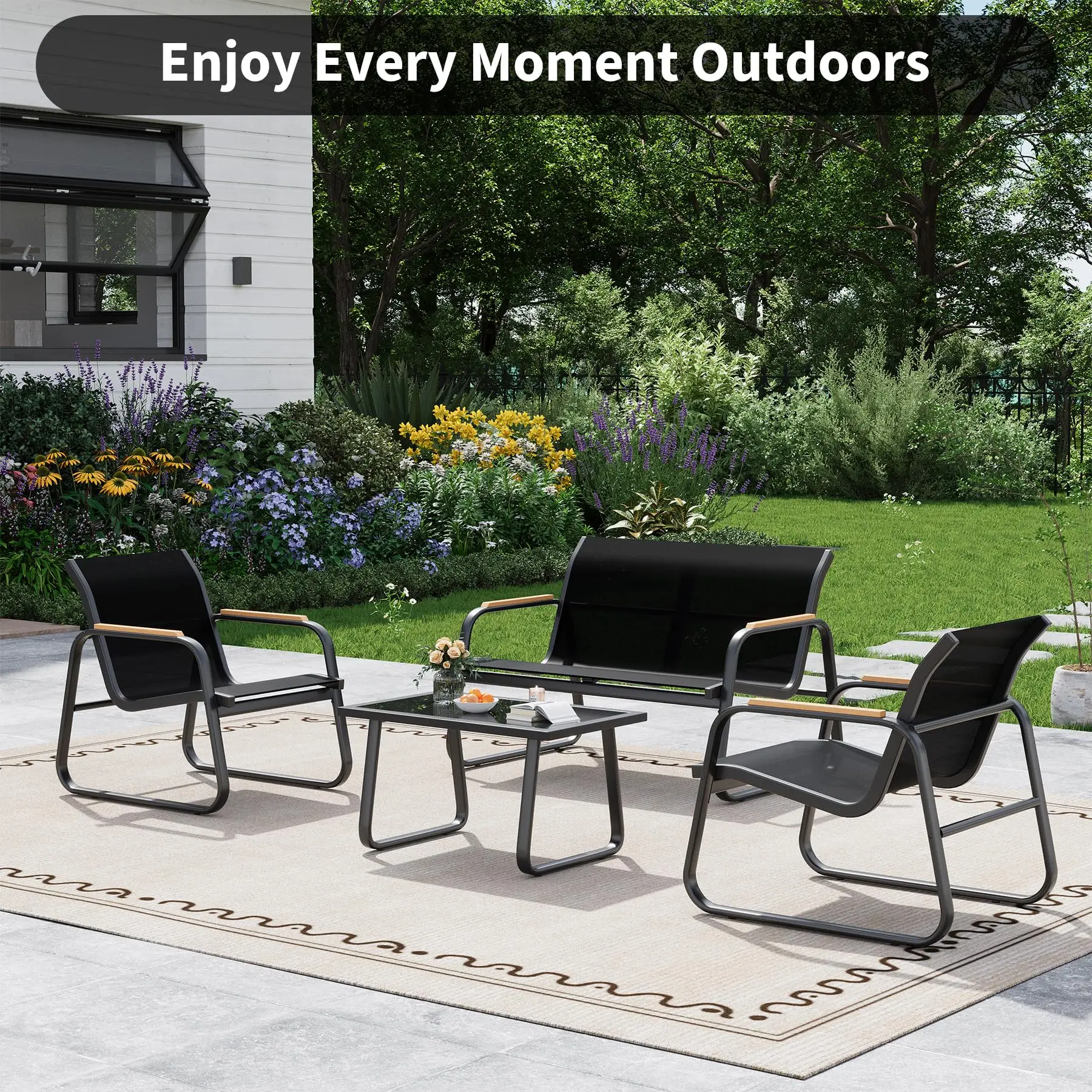 Ensemble de mobilier de jardin en 4 pièces – canapé 2 places, 2 fauteuils et table basse en verre, structure en acier robuste, tissu Textilene facile